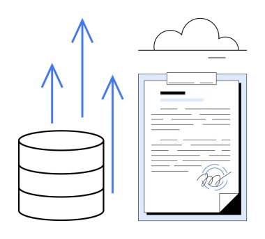 Database uplink with three arrows, cloud symbol, signed document clipboard. Ideal for data management, cloud computing, digital signing, document security, automation, workflow simple flat metaphor
