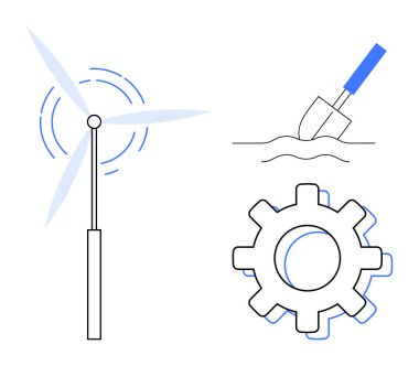 Wind turbine spinning, shovel digging soil, and gear symbolizing renewable energy, industry, and innovation. Ideal for sustainability, technology, agriculture, progress environmental care teamwork