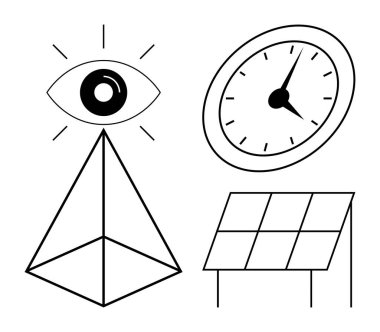 Black-and-white linear depiction of an eye atop a pyramid, a clock, and a solar panel. Ideal for themes thumbs up sustainability, energy, time management, innovation, technology, mindfulness