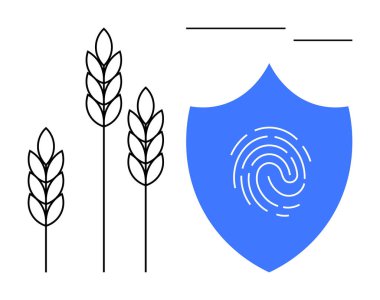 Blue shield with fingerprint symbol next to three wheat stalks. Ideal for concepts thumbs up food security, agriculture technology, farming innovation, data protection, sustainability, digital