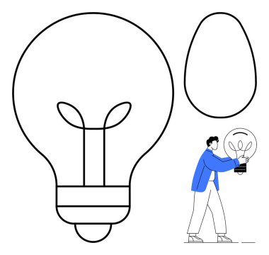 Oversized light bulb with plant, minimal human figure holding bulb, abstract shapes. Ideal for creativity, sustainability, innovation, green energy, clean tech, environmentalism brainstorming