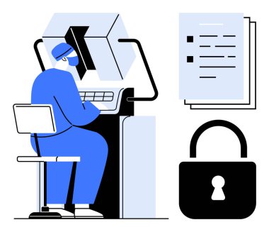 Person at computer analyzing data with documents and padlock. Ideal for cybersecurity, data protection, secure access, encryption, network security, digital safety, simple flat metaphor