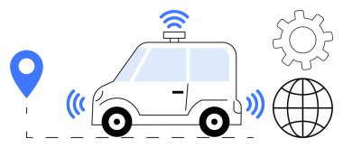 Compact self-driving car with GPS pin, wireless signal waves, globe, and gear icon. Ideal for automation, innovation, connectivity, navigation mobility future technology transportation. Simple