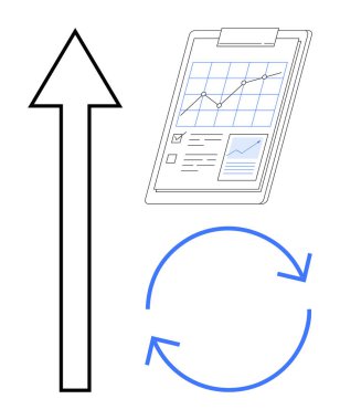 Upward arrow, clipboard with analytics chart and graph, circular arrows. Ideal for growth, strategy, data analysis, improvement, workflow goal setting optimization. Simple flat metaphor
