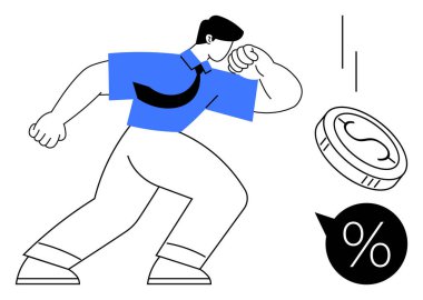 Man in business attire punching a coin, symbolizing financial decisions or challenges. Nearby percent bubble reflects taxation, interest, or financial growth themes. Ideal for finance, business