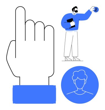 Large pointing hand alongside a businessman holding a dollar coin and a circular user profile icon. Ideal for business, leadership, decision-making, fintech, user focus, sales, and coaching concepts
