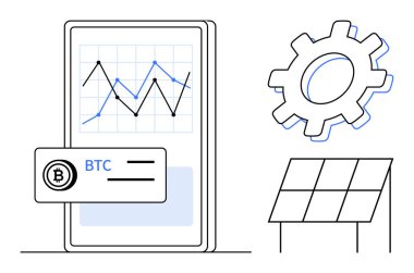 Smartphone with rising chart, Bitcoin payment card, gear for technology, solar panel. Ideal for cryptocurrency, finance, sustainability, innovation renewable energy technology strategy. Simple
