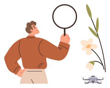 Person analyzing flower with magnifying glass, next to quadcopter and blooming plant. Ideal for exploration, innovation, discovery, research, technology, environment education. Simple flat metaphor