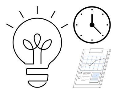Lightbulb signifying innovation, clock denoting time management, and clipboard with report for analysis. Ideal for business strategy, productivity, planning, research, creativity, efficiency simple