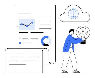 Man holding light bulb beside data-filled report, graph, pie chart, and cloud with globe icon. Ideal for analytics, innovation, research, technology, brainstorming data visualization
