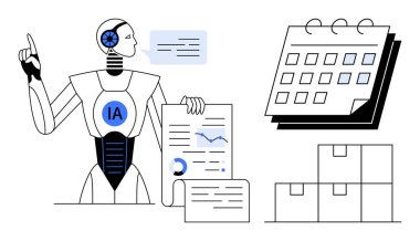 Robot using intelligent automation to analyze documents, track data, point at ideas, and organize schedules. Ideal for productivity, innovation, technology, time management, planning automation