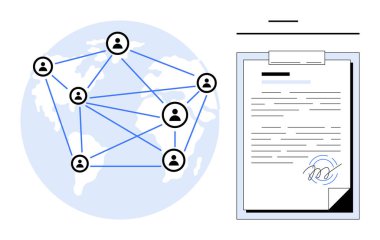 Connected user nodes on a world map alongside a signed document with a digital signature. Ideal for digital communication, remote collaboration, networking, globalization, cybersecurity, contracts