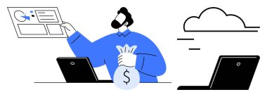 Man holding money bag and interacting with analytics board, flanked by laptops and a cloud. Ideal for business, finance, technology, data analysis, investment, cloud storage, workflow visualization