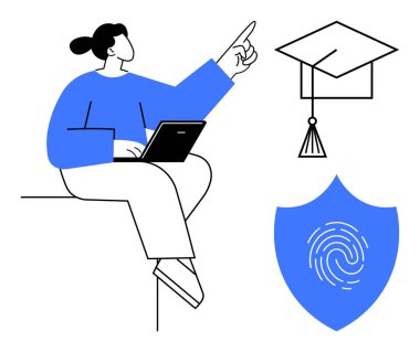 Woman sitting with laptop and pointing towards a graduation cap and thumbprint shield. Ideal for education, e-learning, graduation, online identity, data protection, knowledge sharing, digital