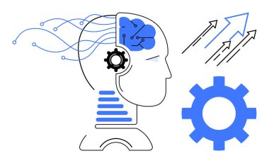 Human head with gear and brain elements, data flow lines, arrows symbolizing progress, and a gear. Ideal for AI, machine learning, innovation, automation technology progress and analytics. Simple