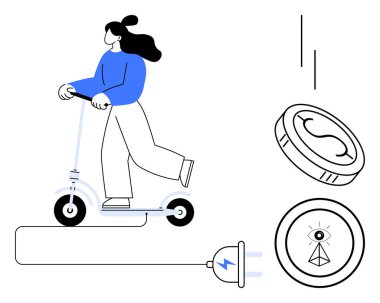 Female on an electric scooter, plug with energy symbol, digital coins, promoting sustainability, urban commuting, eco-friendly transport, innovation, cryptocurrency ideas, ideal for green energy