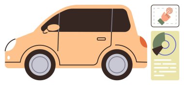 Beige compact car next to touchscreen interface and data charts. Ideal for vehicle technology, innovation, analytics, connectivity, design efficiency, automation, simple flat metaphor