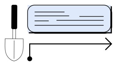 Gardening trowel next to a rectangular block of text and an arrow indicating forward movement. Ideal for gardening, progress, instructions, workflow, learning, direction, process. Simple flat