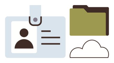 ID badge with photo, olive folder, and cloud icon for digital storage, access management, and security. Ideal for identification, organization, technology, networking security data management