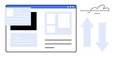 Website layout with text blocks, image placeholders, and arrows for uploaddownload. A cloud adds dynamic interaction. Ideal for web design, UXUI, data transfer, technology, communication cloud