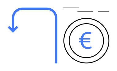 Blue arrow turning downwards next to Euro coin in a simple linear style. Ideal for finance, economics, savings, currency, investment, recession, strategy concepts. A simple flat metaphor