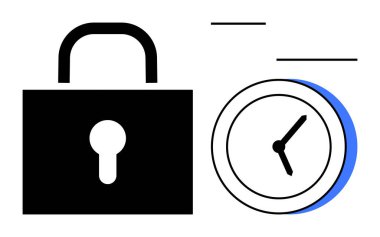 Padlock symbolizing security and clock representing time management. Ideal for cybersecurity, personal privacy, time tracking, digital safety, secure access, workflow efficiency, scheduling. Simple
