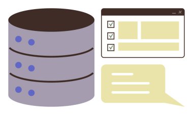 Database stack with three tiers alongside a browser window displaying a checklist and a speech bubble suggesting dialogue or messaging. Ideal for technology, cloud storage, collaboration