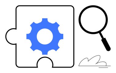 Gear inside a puzzle piece alongside a magnifying glass and abstract lines, representing analysis, teamwork, creativity. Ideal for strategy, innovation, problem-solving, teamwork, discovery
