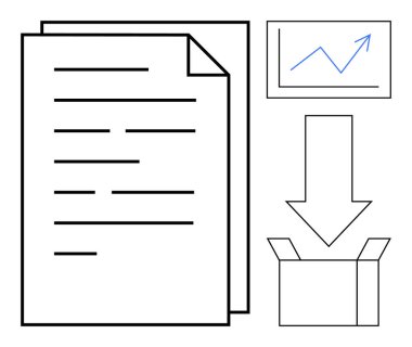 Documents, data chart, downward arrow pointing to storage box highlight ideas of data transfer, record organization, and storage. Ideal for digitalization, archiving, productivity, cloud storage