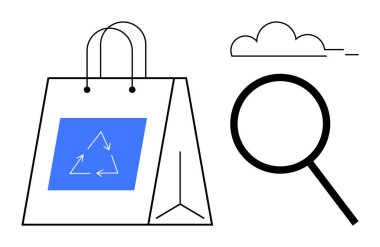 Paper bag with recycle logo, magnifying glass, and a cloud representing eco-friendly shopping. Ideal for sustainability, recycling, conscious consumption, awareness, retail research environment. A
