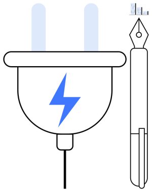 Plug with lightning icon and pen side by side, symbolizing energy, creativity, and ideas. Ideal for innovation, productivity, technology, renewable energy, brainstorming writing and inspiration