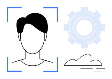 Minimalist head silhouette framed in scanning brackets, gear icon, and cloud shape. Ideal for technology, AI, biometrics, innovation, data analysis cybersecurity futuristic concepts. Simple flat