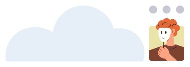 Red-haired person holding a white mask near their face, large cloud on the side, thought dots above. Ideal for identity, privacy, self-reflection, anonymity, decision-making, mental health emotions