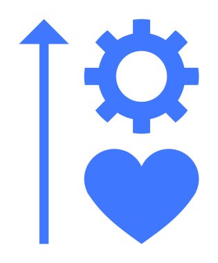 Blue upward arrow, gear, and heart symbols conveying growth, innovation, and empathy. Ideal for business progress, teamwork, productivity, personal development strategy leadership