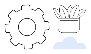 Gear symbolizing technology, plant pot representing growth, and cloud indicating ideas or storage. Ideal for innovation, tech development, sustainability, environmental harmony, productivity, cloud