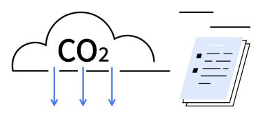 Cloud emitting CO2 with blue downward arrows beside stacked papers. Ideal for sustainability, carbon footprint, climate change, emissions reduction, paper usage, eco-conscious choices, simple flat