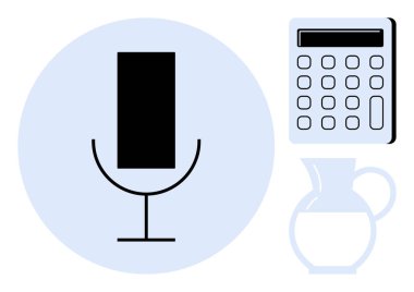 Black microphone on stand, digital calculator, white pitcher in abstract composition. Ideal for communication, education, technology, math, home essentials, modern design simple flat metaphor