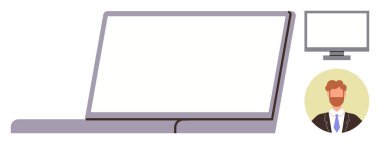 Open laptop, desktop monitor, and professional avatar portrait. Ideal for remote work, professional networking, technology, digital interaction, personal branding, computing and communication