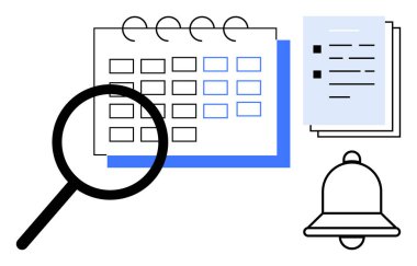 Calendar with highlighted dates, magnifying glass for focus, checklist for tasks, and notification bell. Ideal for planning, organization, productivity, reminders, analysis focus scheduling simple
