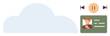 Cloud element with media controls for play, pause, and skip, alongside a user profile card. Ideal for technology, streaming, networking, data security media user personalization. Simple flat