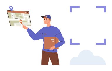 Worker in uniform holding a package and pointing at a digital map with location marker. Ideal for logistics, delivery, navigation, technology, customer service, e-commerce, and shipping concepts. A