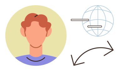Profile avatar, globe, and curved arrows representing networking, communication, technology, and information flow. Ideal for internet access, globalization, teamwork user interface online