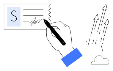 Hand signing payment check, representation of financial transactions, next to growth arrows and cloud. Ideal for finance, success, investment, banking, progress, economic growth simple flat metaphor