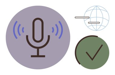 Microphone emitting sound waves, globe symbolizing communication and networking, and a checkmark for approval or validation. Ideal for technology, audio, communication, AI, global connectivity