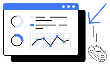 Analytical dashboard featuring pie charts, bar graphs, and line charts with a falling coin. Ideal for finance, data analysis, investment, economy, management reporting business growth. Simple flat