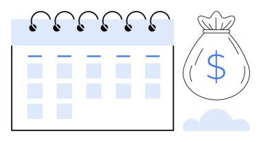 Calendar with spiral binding accompanied by a money bag symbolizing savings, income planning, investment, cash flow, budgeting, business finance, and economic management. Flat and simple metaphor