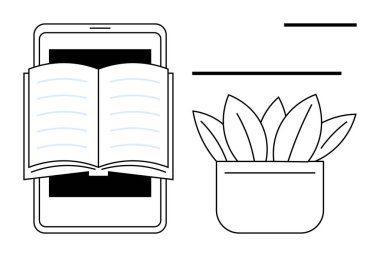 Open book placed over a tablet beside a potted plant. Ideal for digital education, learning, technology, reading, productivity, balance, eco-friendly concepts. Simple flat metaphor