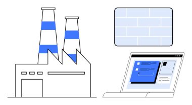 Factory with twin smokestacks, digital laptop screen displaying information, and a brick wall pattern. Ideal for industry, technology, sustainability, digital innovation, production, energy