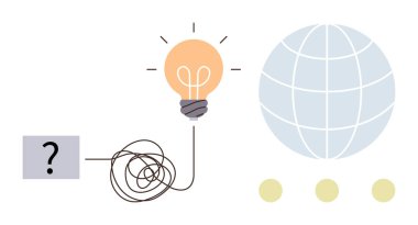 Question mark leads to tangled line connecting a glowing light bulb and globe. Ideal for innovation, global ideas, creative thinking, problem-solving, solutions, inspiration, minimalism. Simple flat