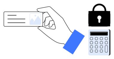 Hand holding ID card, security lock, and calculator highlighting identity, data validation, and secure access. Ideal for finance, authentication, technology, privacy compliance and personal data